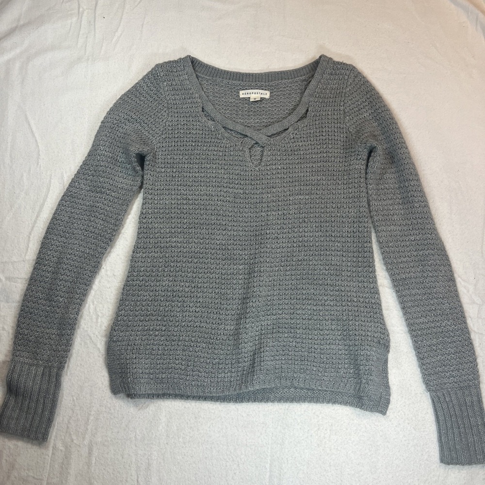 Y2K Aeropostale Open Knit Grey Sparkly V-Neck Open Detail Sweater‎ Whimsy small